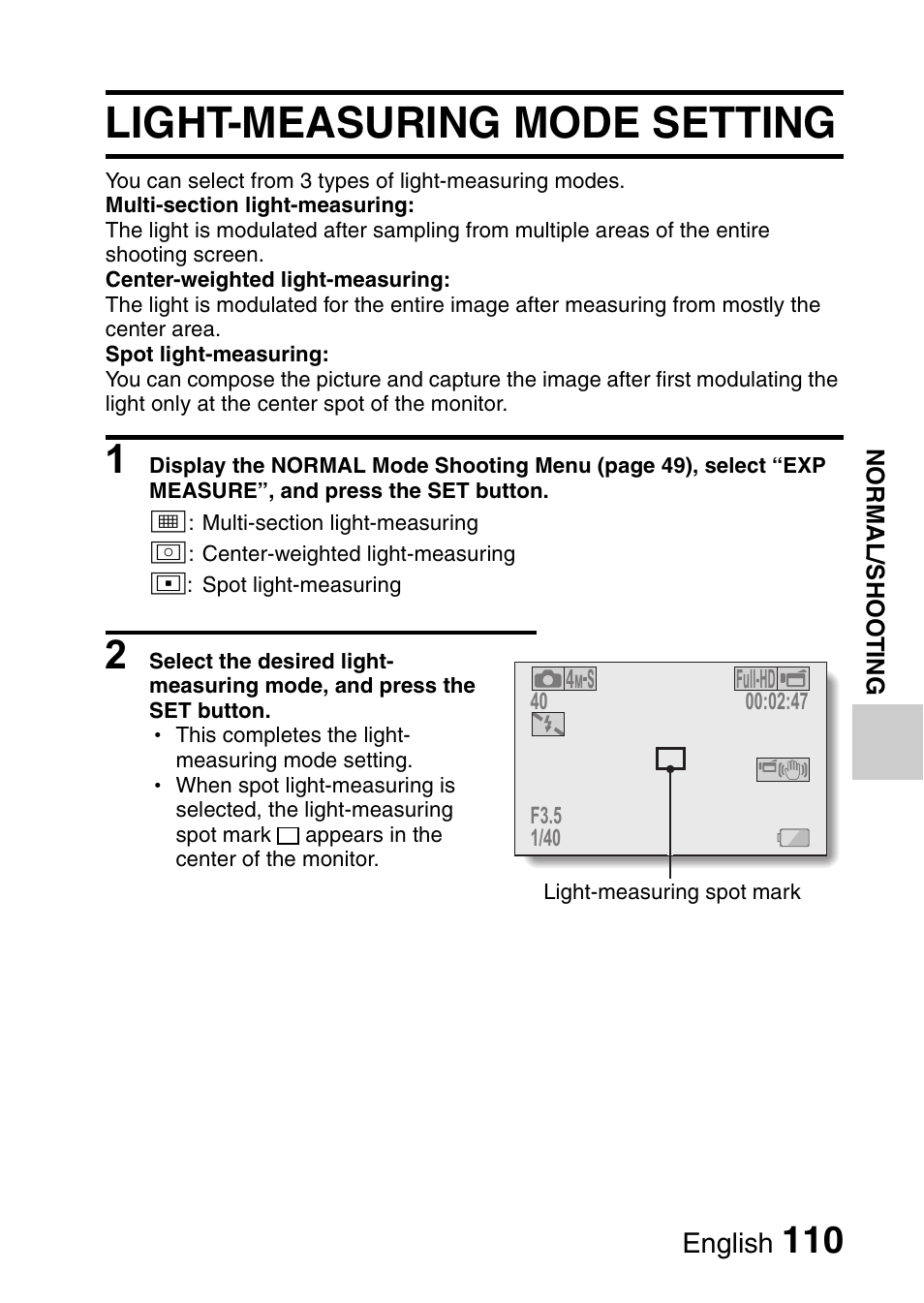 Light-measuring mode setting | Sanyo VPC-HD1010GX User Manual | Page 129 / 251