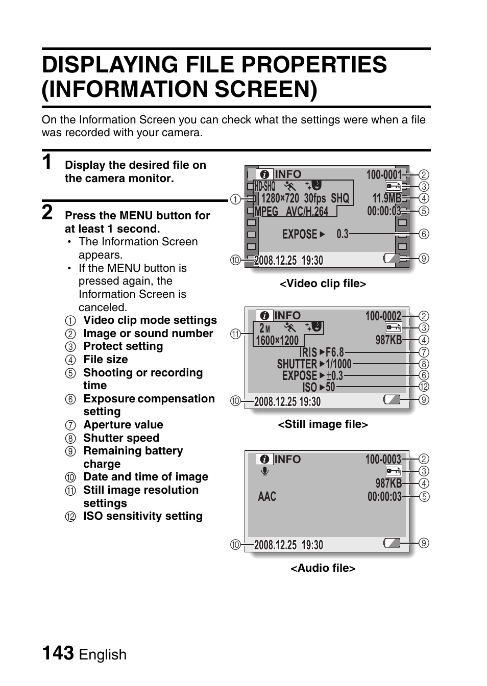 Displaying file properties (information screen), English | Sanyo VPC-HD1010GX User Manual | Page 162 / 251