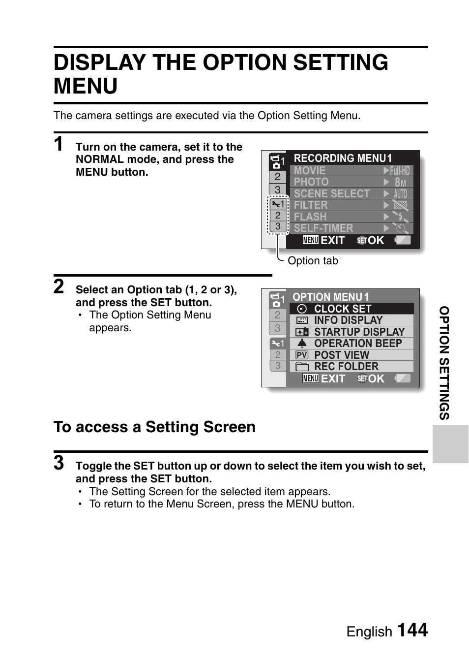 Display the option setting menu, English | Sanyo VPC-HD1010GX User Manual | Page 163 / 251