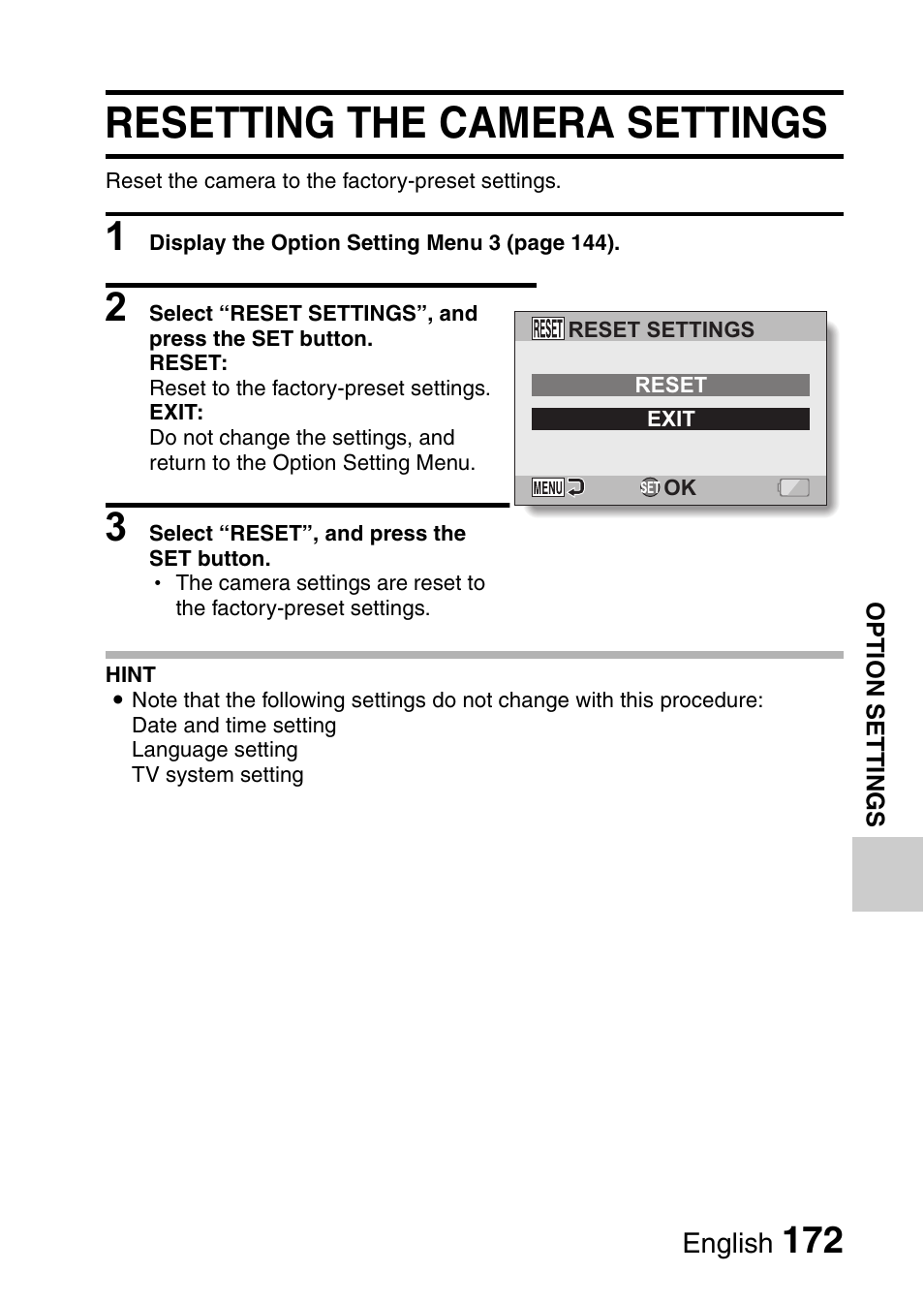 Resetting the camera settings | Sanyo VPC-HD1010GX User Manual | Page 191 / 251