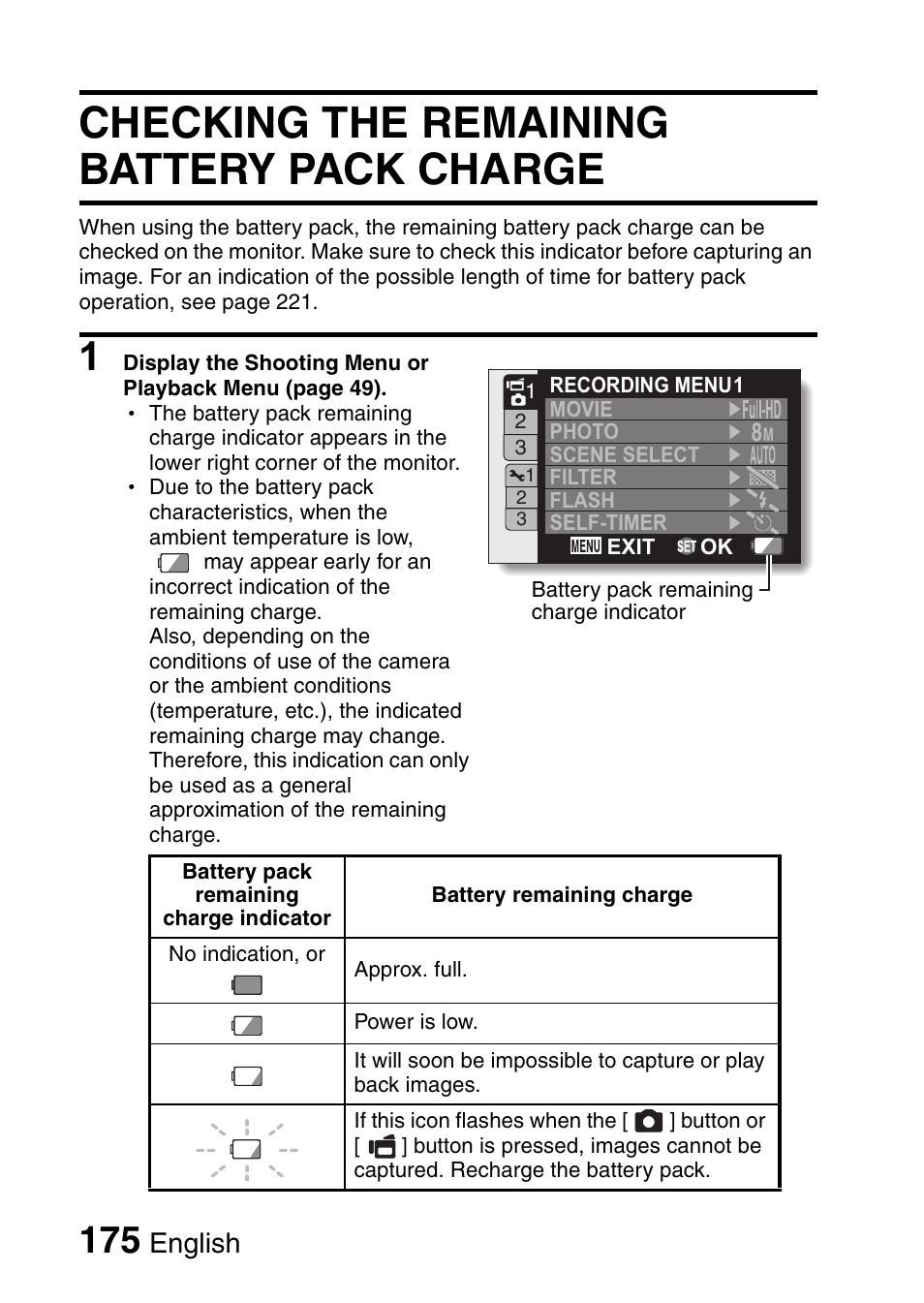 Checking the remaining battery pack charge, English | Sanyo VPC-HD1010GX User Manual | Page 194 / 251