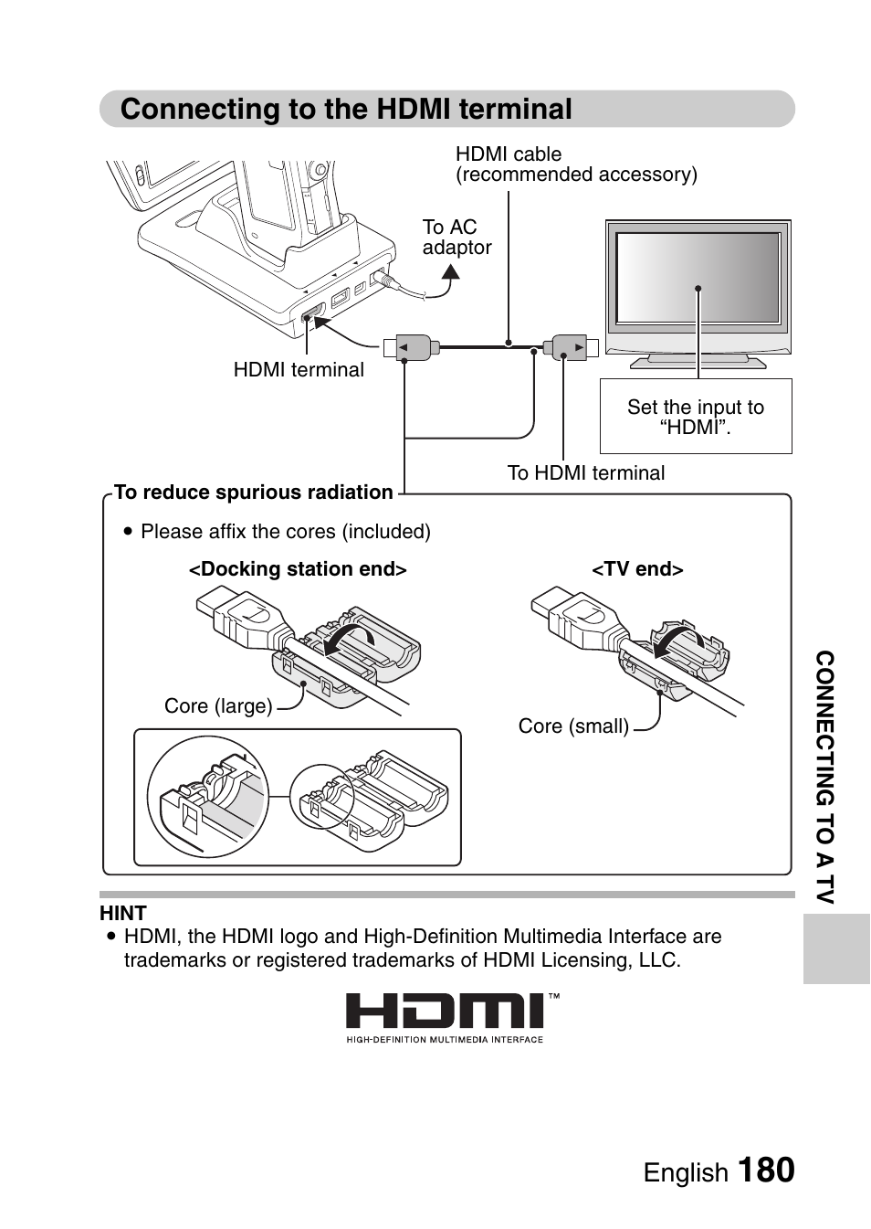 Connecting to the hdmi terminal, English | Sanyo VPC-HD1010GX User Manual | Page 199 / 251