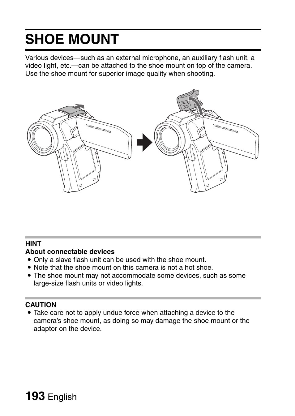 Shoe mount | Sanyo VPC-HD1010GX User Manual | Page 212 / 251