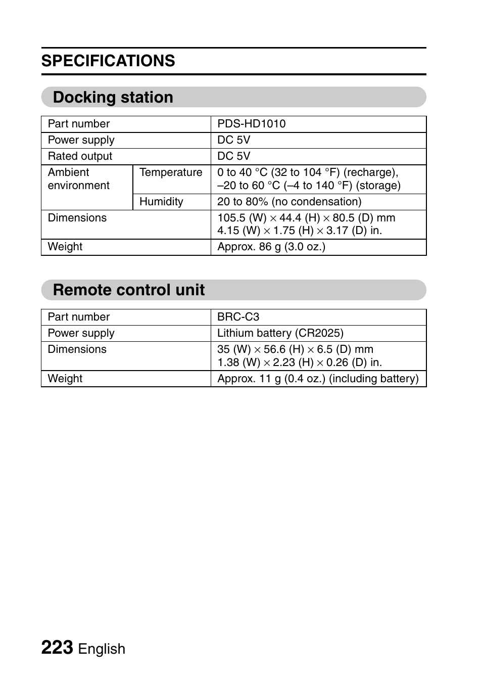 Specifications docking station remote control unit, English | Sanyo VPC-HD1010GX User Manual | Page 242 / 251