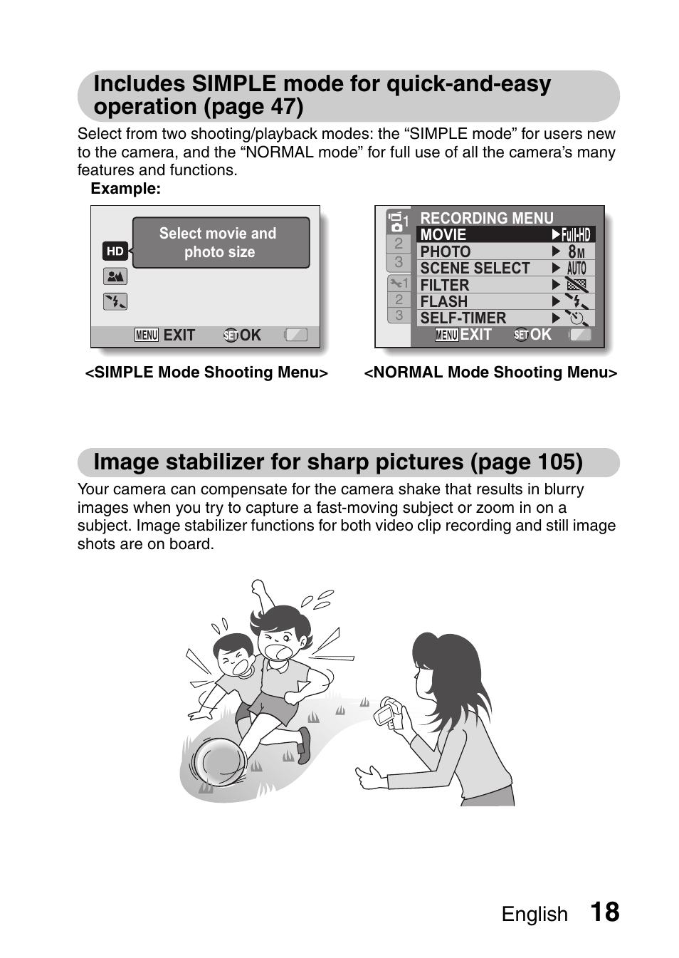 Image stabilizer for sharp pictures (page 105), English | Sanyo VPC-HD1010GX User Manual | Page 37 / 251