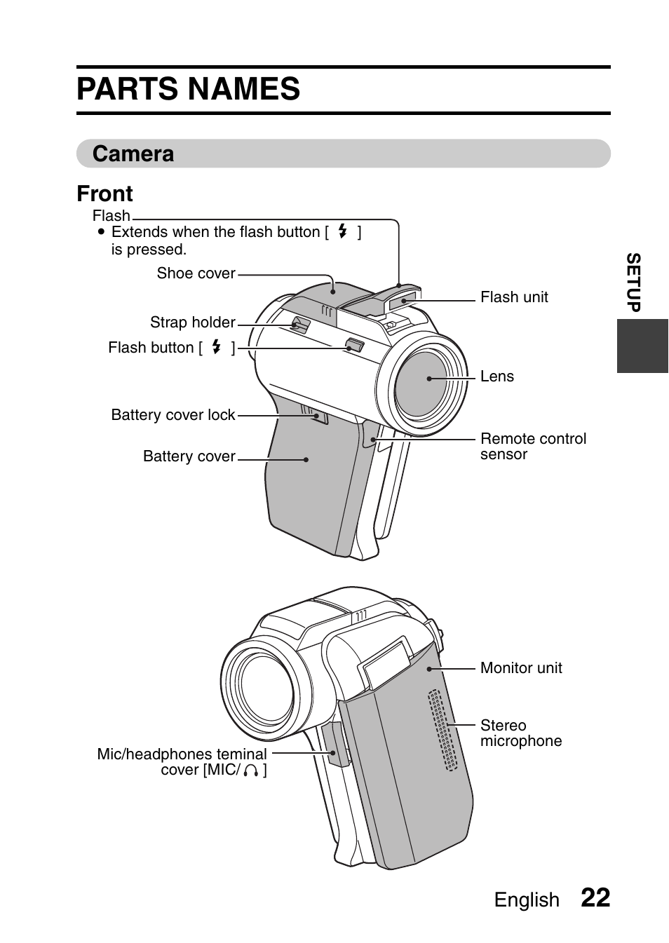 Parts names, Camera front, English | Sanyo VPC-HD1010GX User Manual | Page 41 / 251