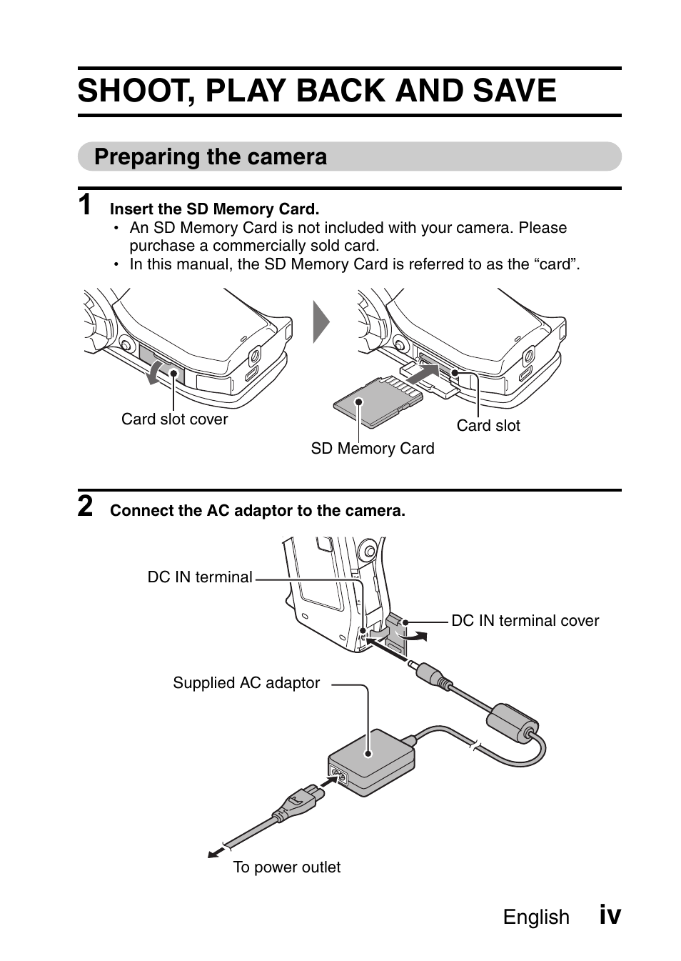 Shoot, play back and save, Preparing the camera | Sanyo VPC-HD1010GX User Manual | Page 5 / 251