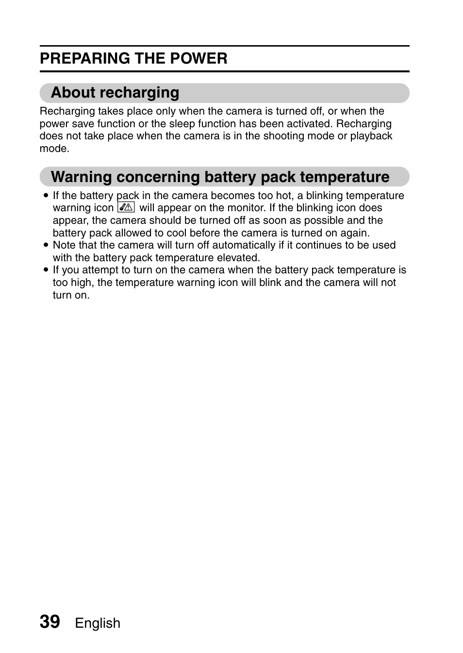 Preparing the power about recharging, Warning concerning battery pack temperature | Sanyo VPC-HD1010GX User Manual | Page 58 / 251