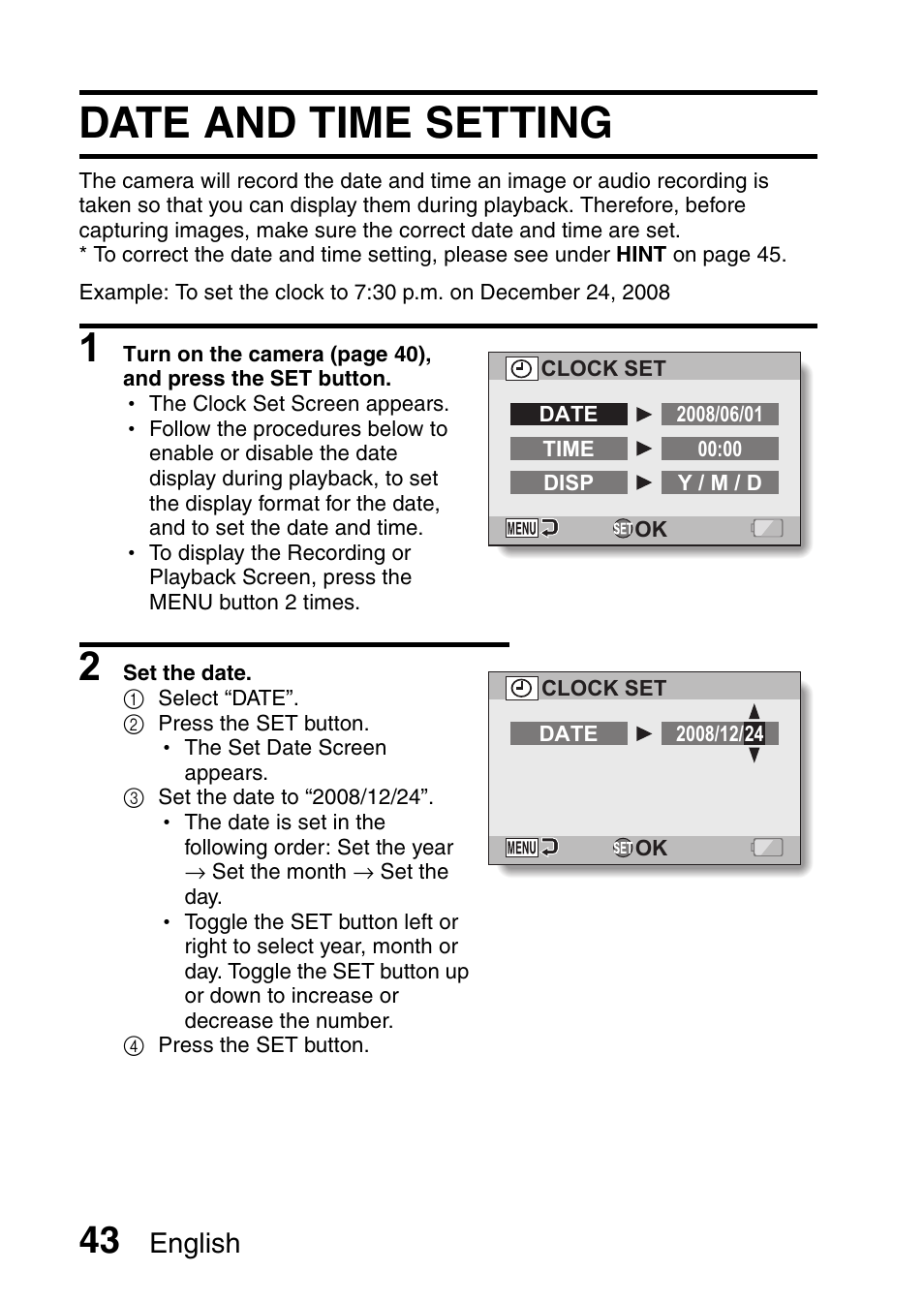 Date and time setting, English | Sanyo VPC-HD1010GX User Manual | Page 62 / 251