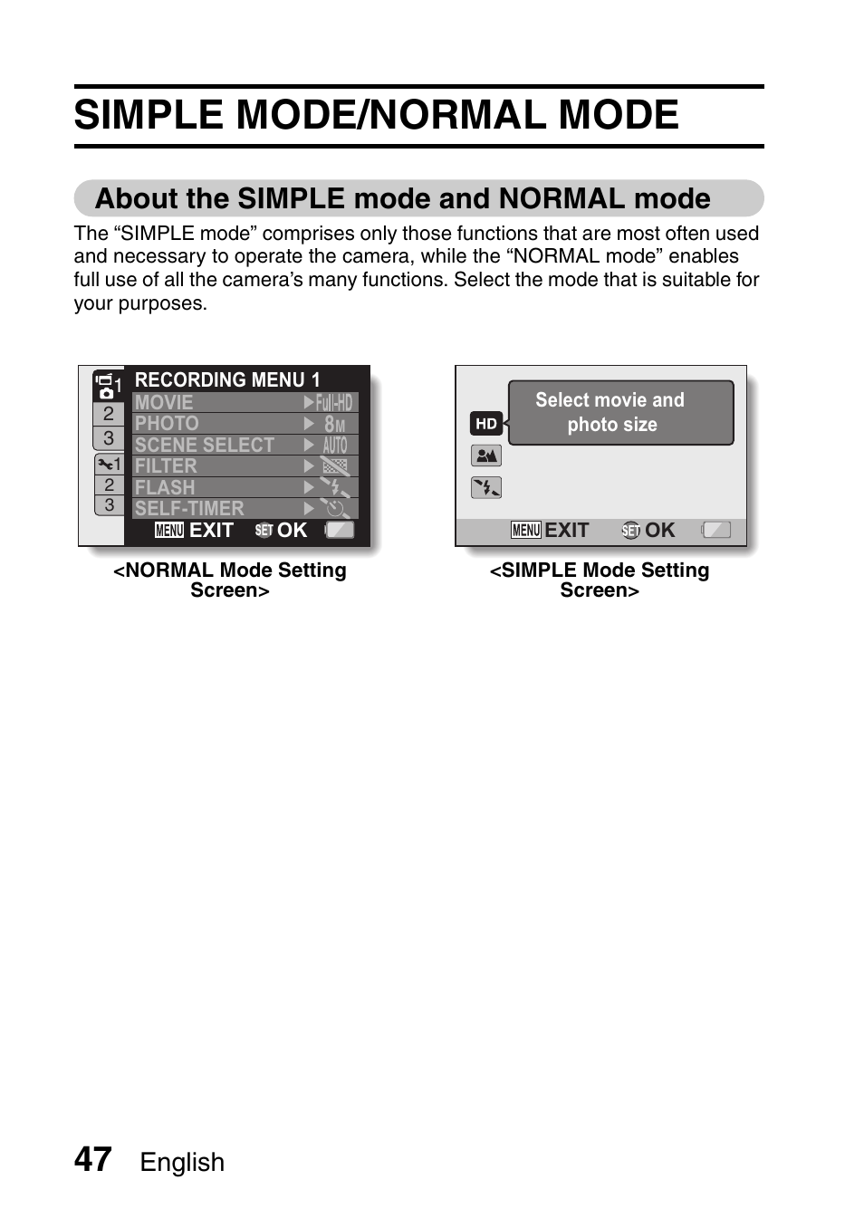 Simple mode/normal mode, About the simple mode and normal mode, English | Sanyo VPC-HD1010GX User Manual | Page 66 / 251