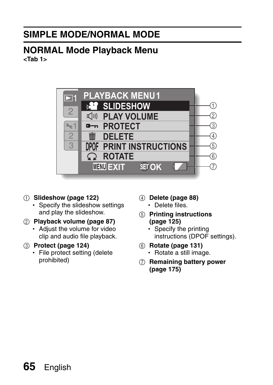 Simple mode/normal mode normal mode playback menu, Ok exit | Sanyo VPC-HD1010GX User Manual | Page 84 / 251