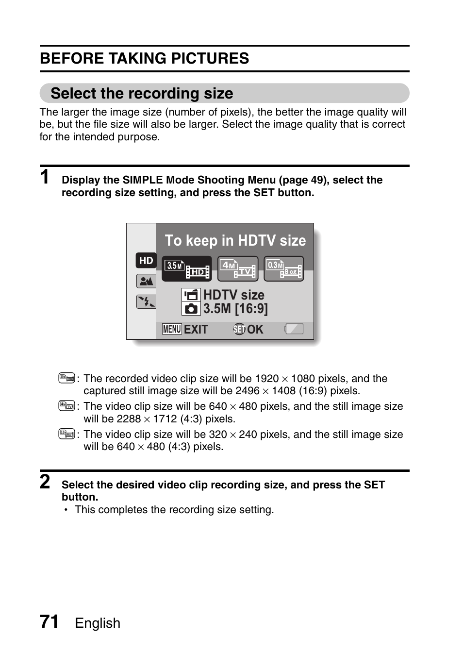 Before taking pictures select the recording size | Sanyo VPC-HD1010GX User Manual | Page 90 / 251