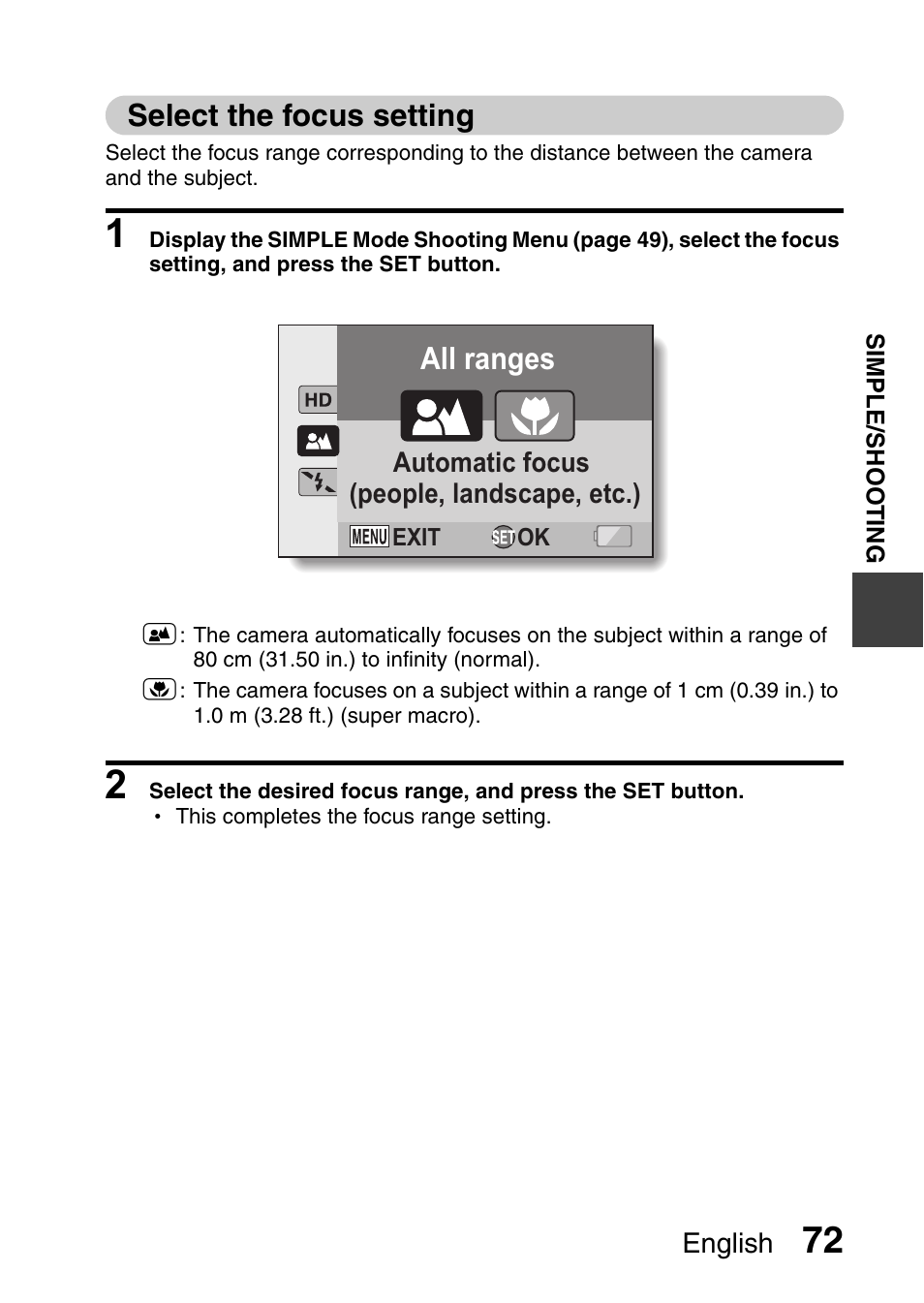 All ranges, Select the focus setting | Sanyo VPC-HD1010GX User Manual | Page 91 / 251