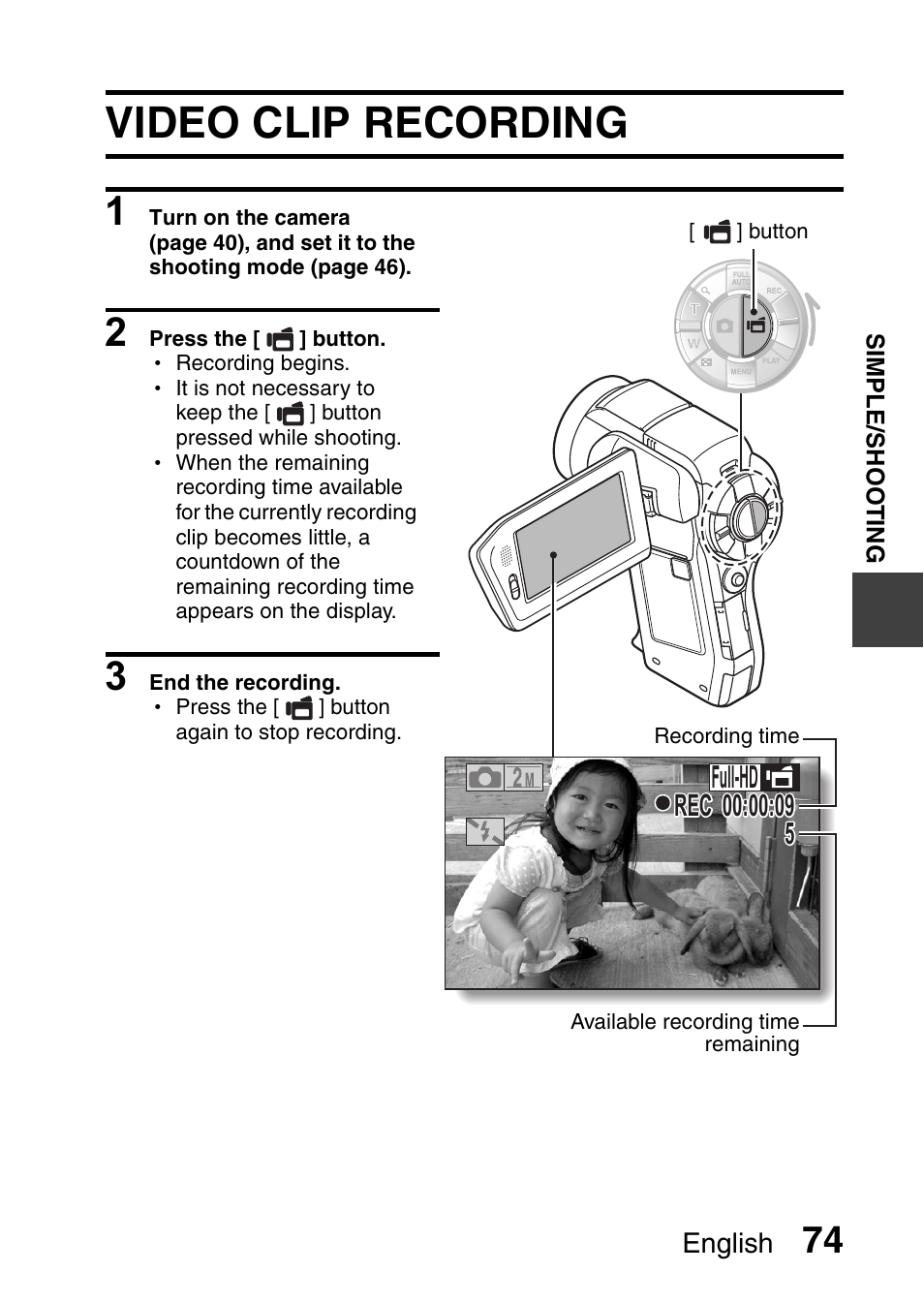 Video clip recording | Sanyo VPC-HD1010GX User Manual | Page 93 / 251