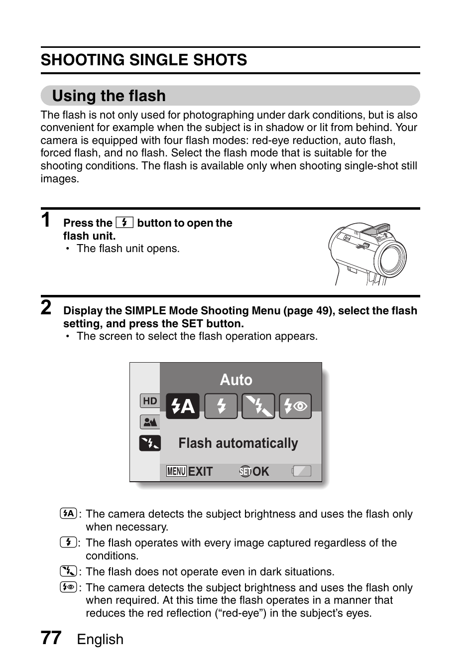 Auto, Shooting single shots using the flash | Sanyo VPC-HD1010GX User Manual | Page 96 / 251