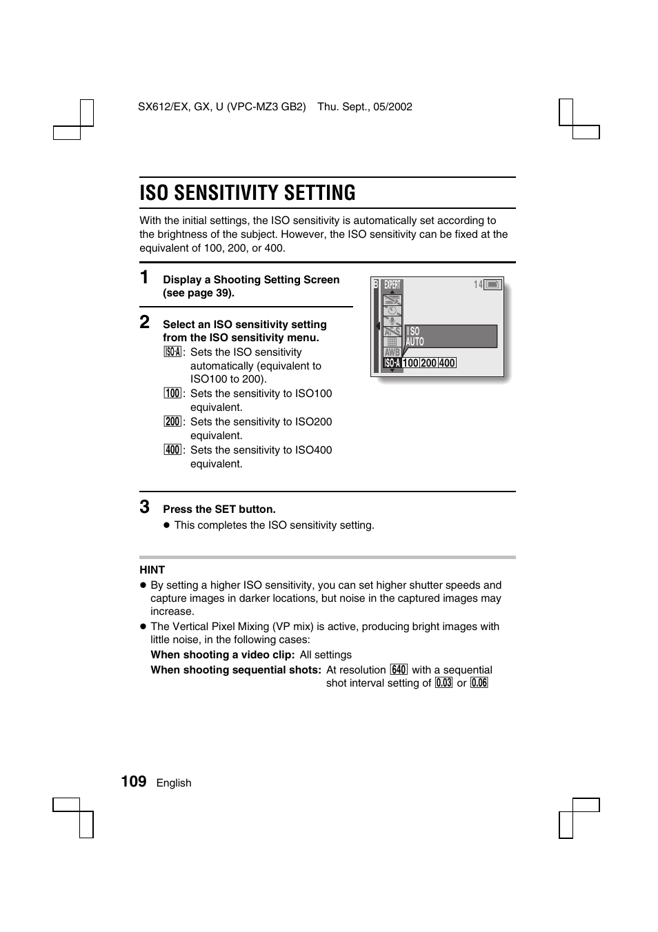 Iso sensitivity setting | Sanyo VPC-MZ3EX User Manual | Page 112 / 218