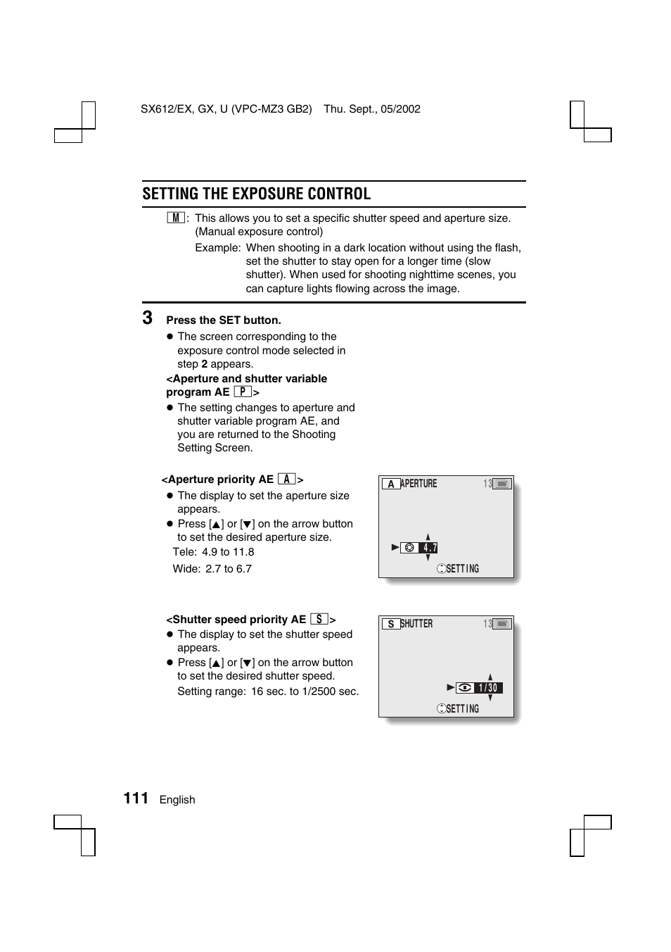 Setting the exposure control | Sanyo VPC-MZ3EX User Manual | Page 114 / 218