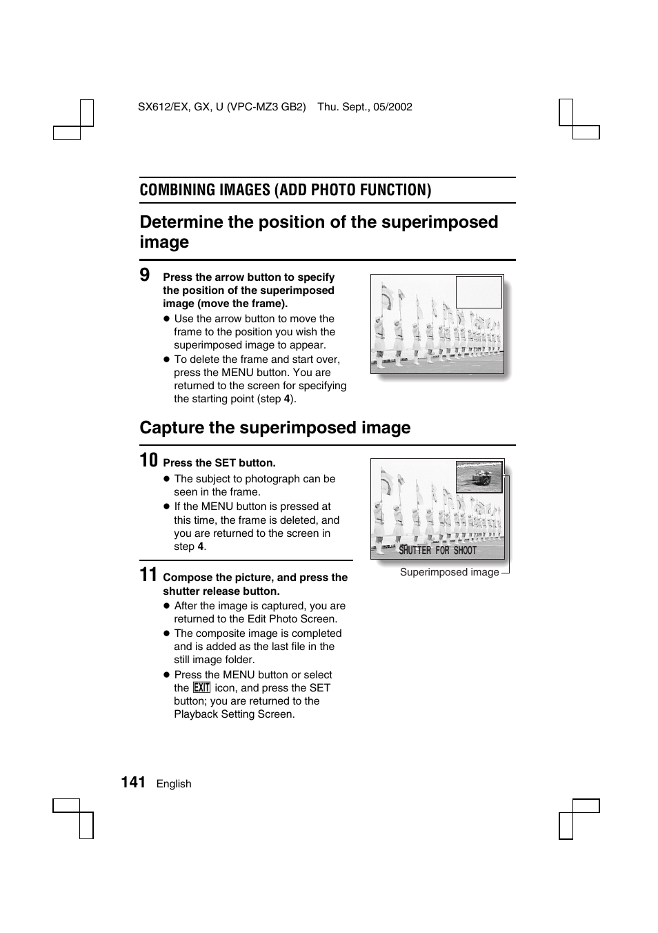 Determine the position of the superimposed image, Capture the superimposed image, Combining images (add photo function) | Sanyo VPC-MZ3EX User Manual | Page 144 / 218