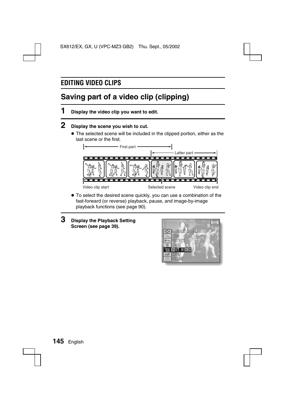 Saving part of a video clip (clipping), Editing video clips | Sanyo VPC-MZ3EX User Manual | Page 148 / 218