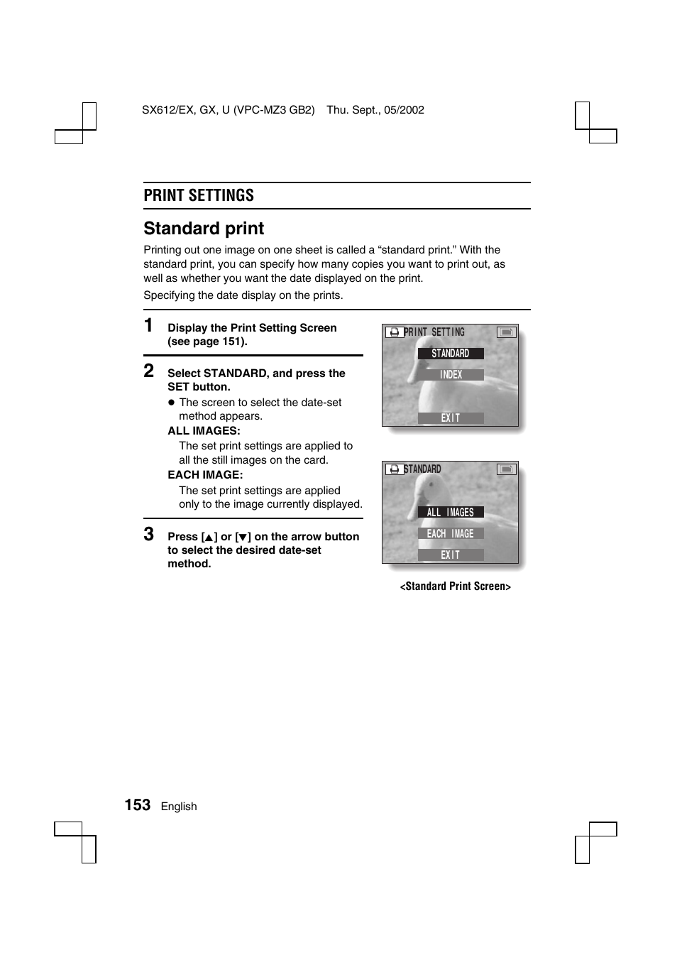Standard print, Print settings | Sanyo VPC-MZ3EX User Manual | Page 156 / 218