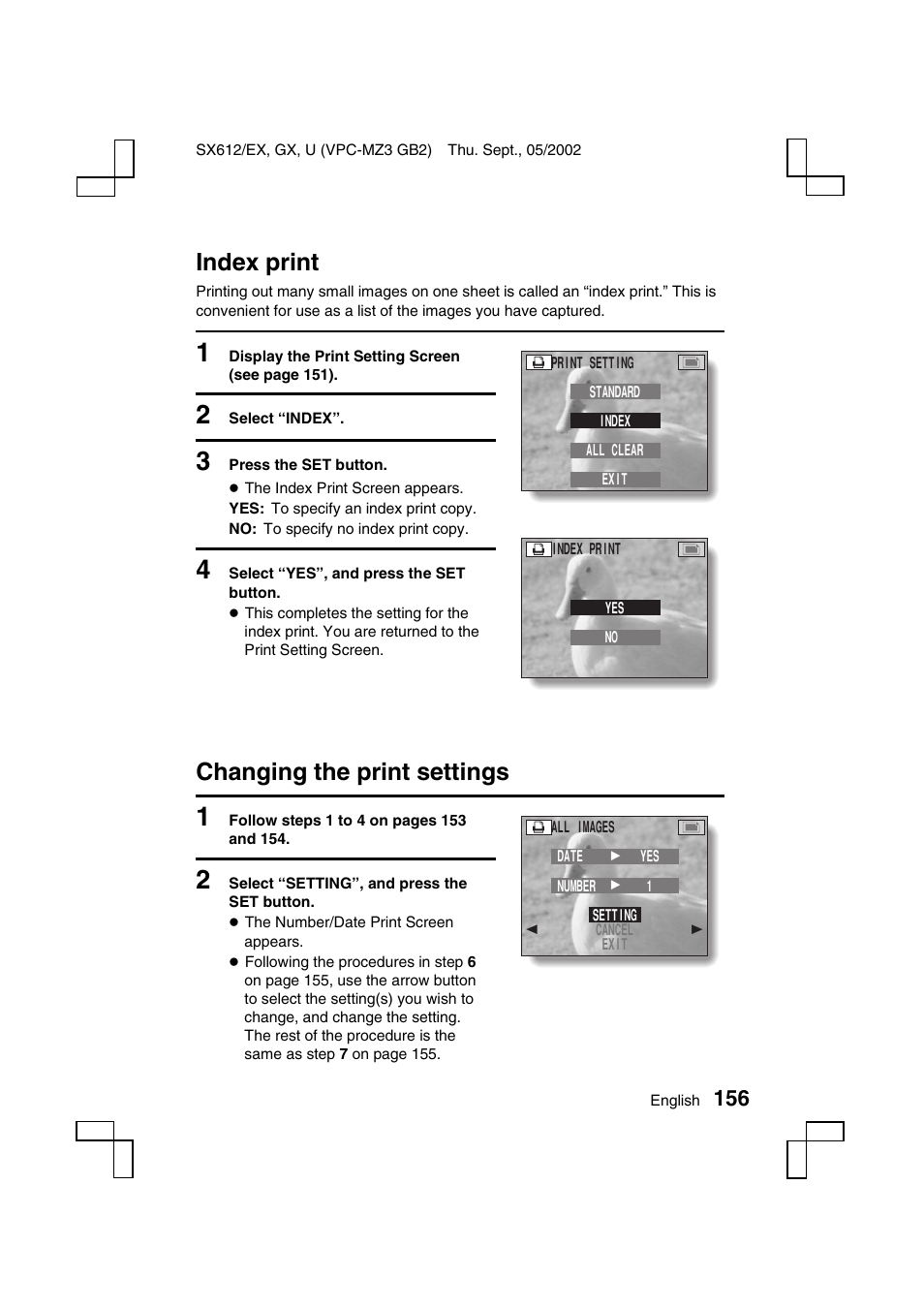 Index print, Changing the print settings | Sanyo VPC-MZ3EX User Manual | Page 159 / 218