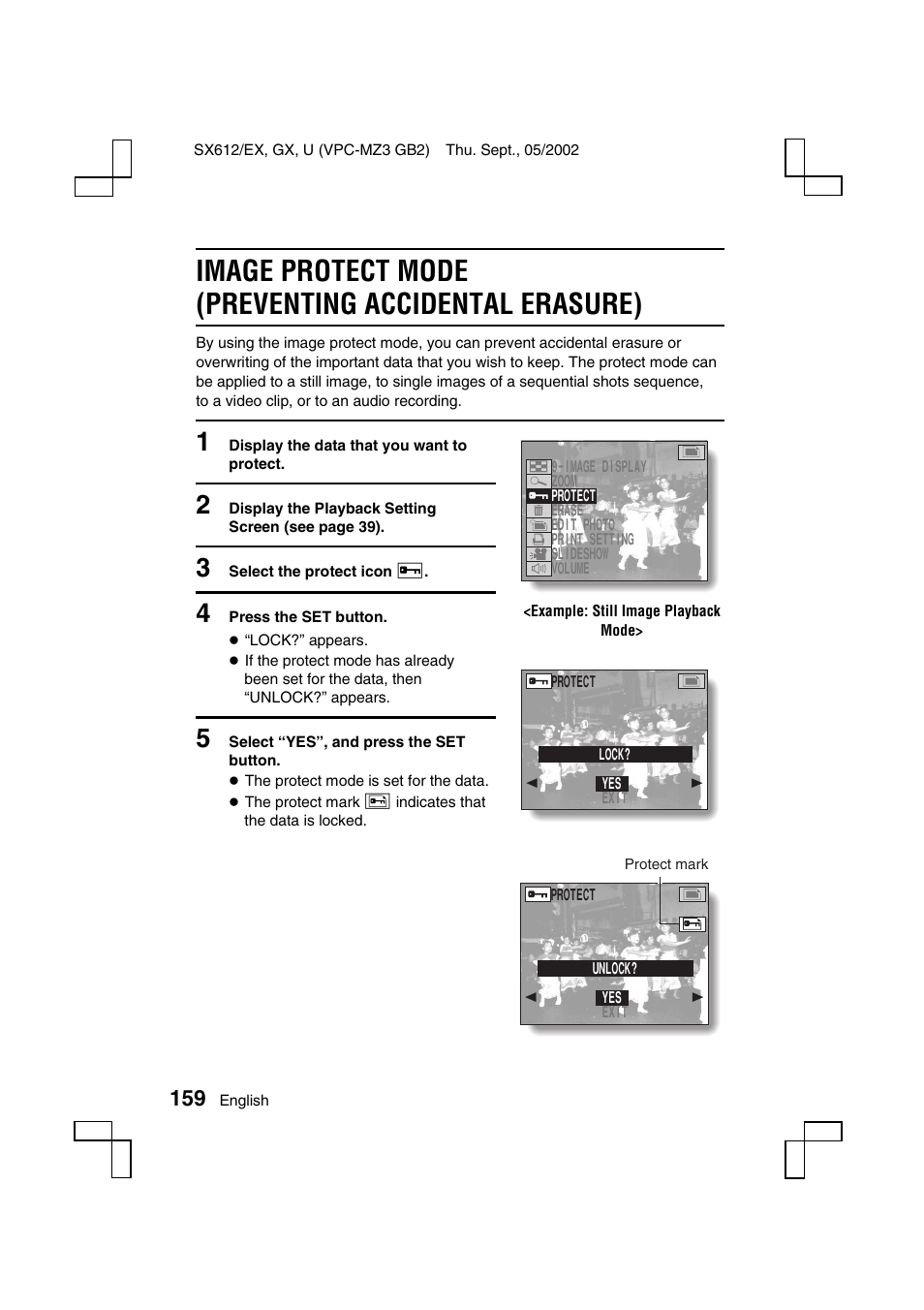 Image protect mode (preventing accidental erasure) | Sanyo VPC-MZ3EX User Manual | Page 162 / 218