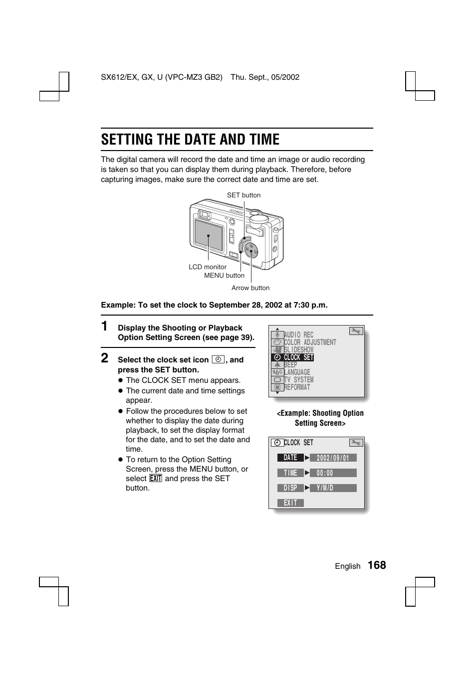 Setting the date and time | Sanyo VPC-MZ3EX User Manual | Page 171 / 218