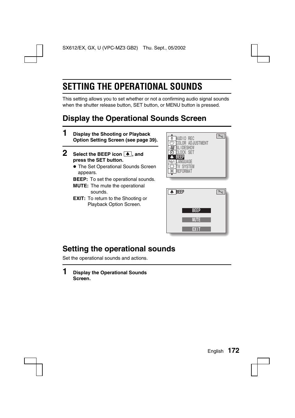 Setting the operational sounds, Display the operational sounds screen | Sanyo VPC-MZ3EX User Manual | Page 175 / 218