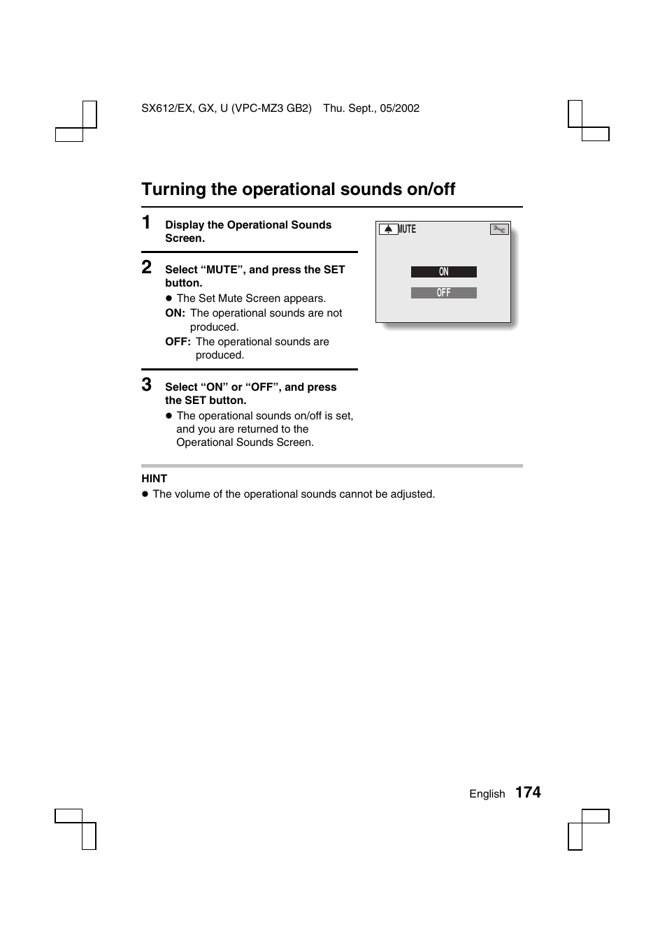 Turning the operational sounds on/off | Sanyo VPC-MZ3EX User Manual | Page 177 / 218