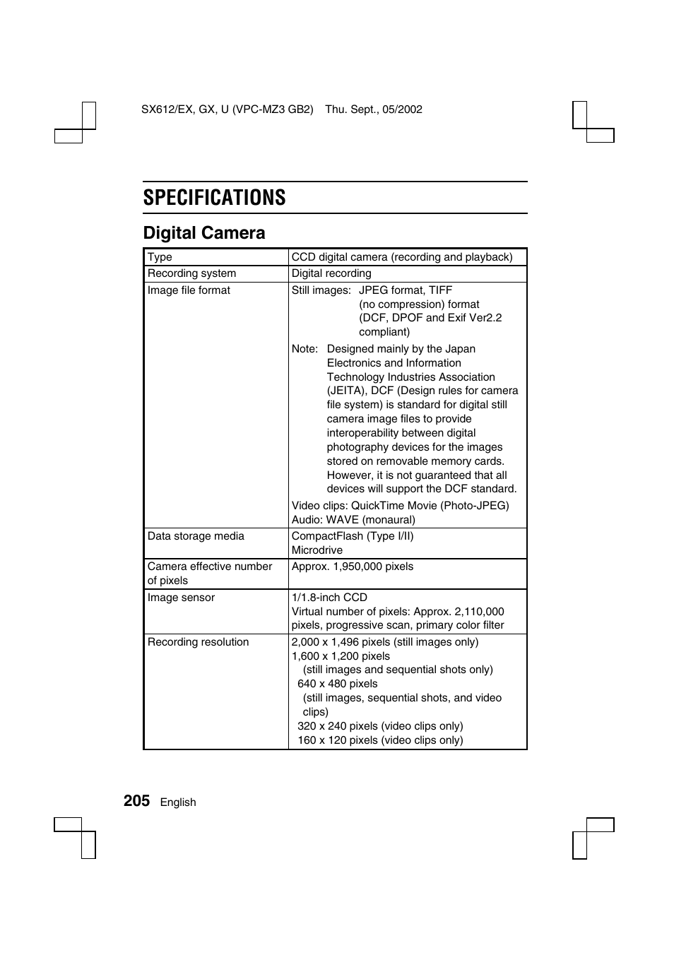 Specifications, Digital camera | Sanyo VPC-MZ3EX User Manual | Page 208 / 218