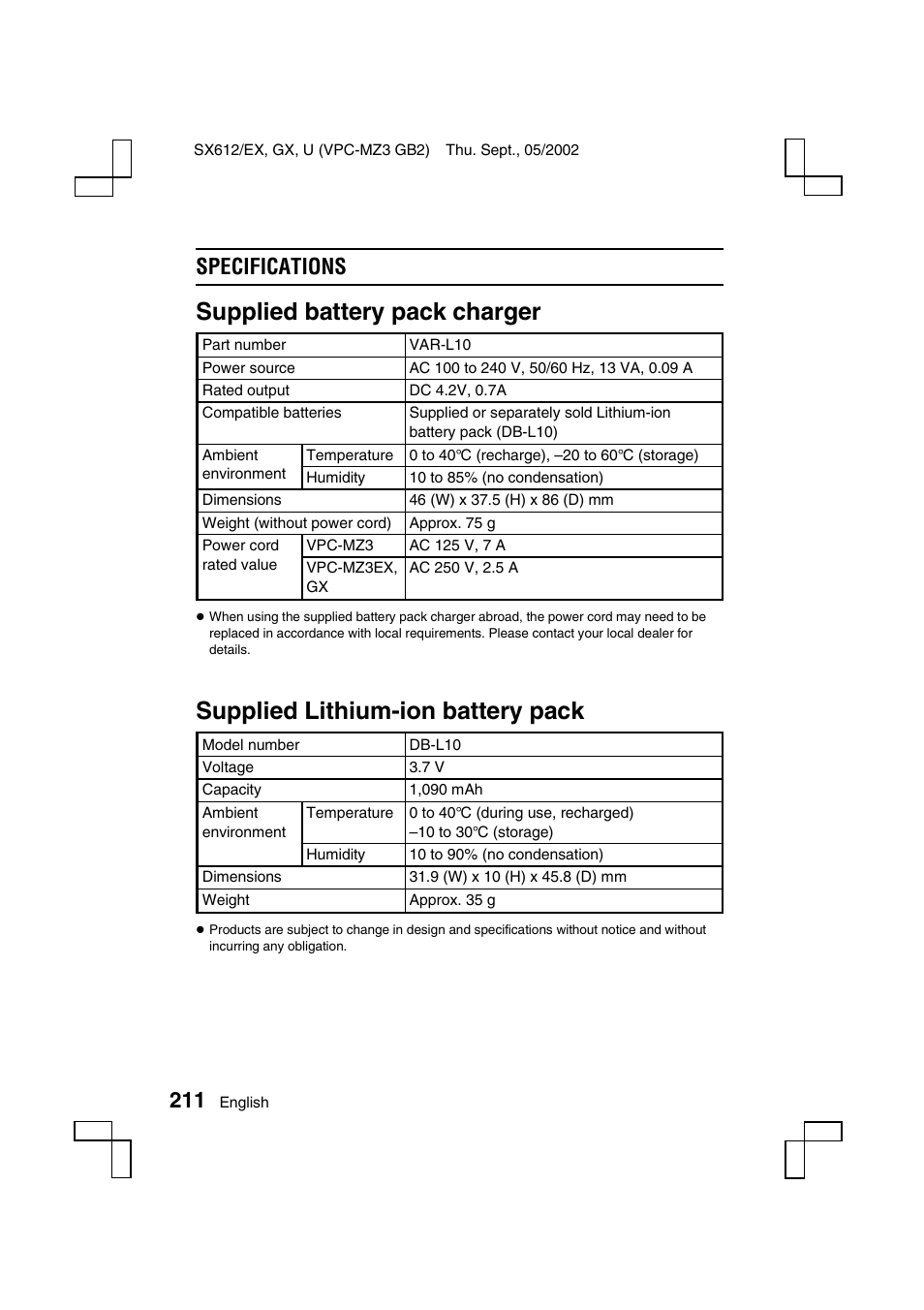 Supplied battery pack charger, Supplied lithium-ion battery pack, Specifications | Sanyo VPC-MZ3EX User Manual | Page 214 / 218