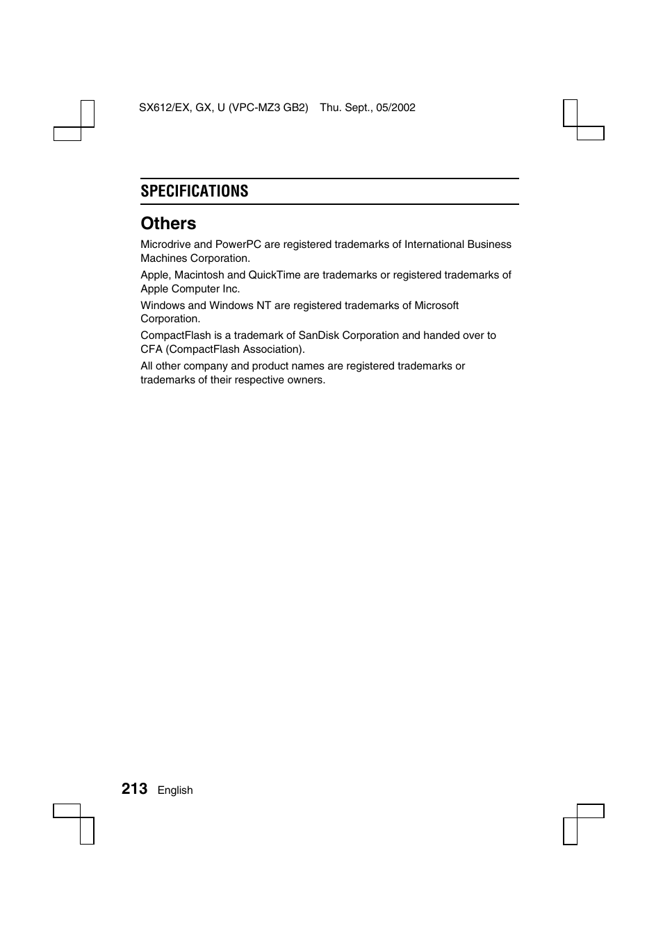 Others, Specifications | Sanyo VPC-MZ3EX User Manual | Page 216 / 218