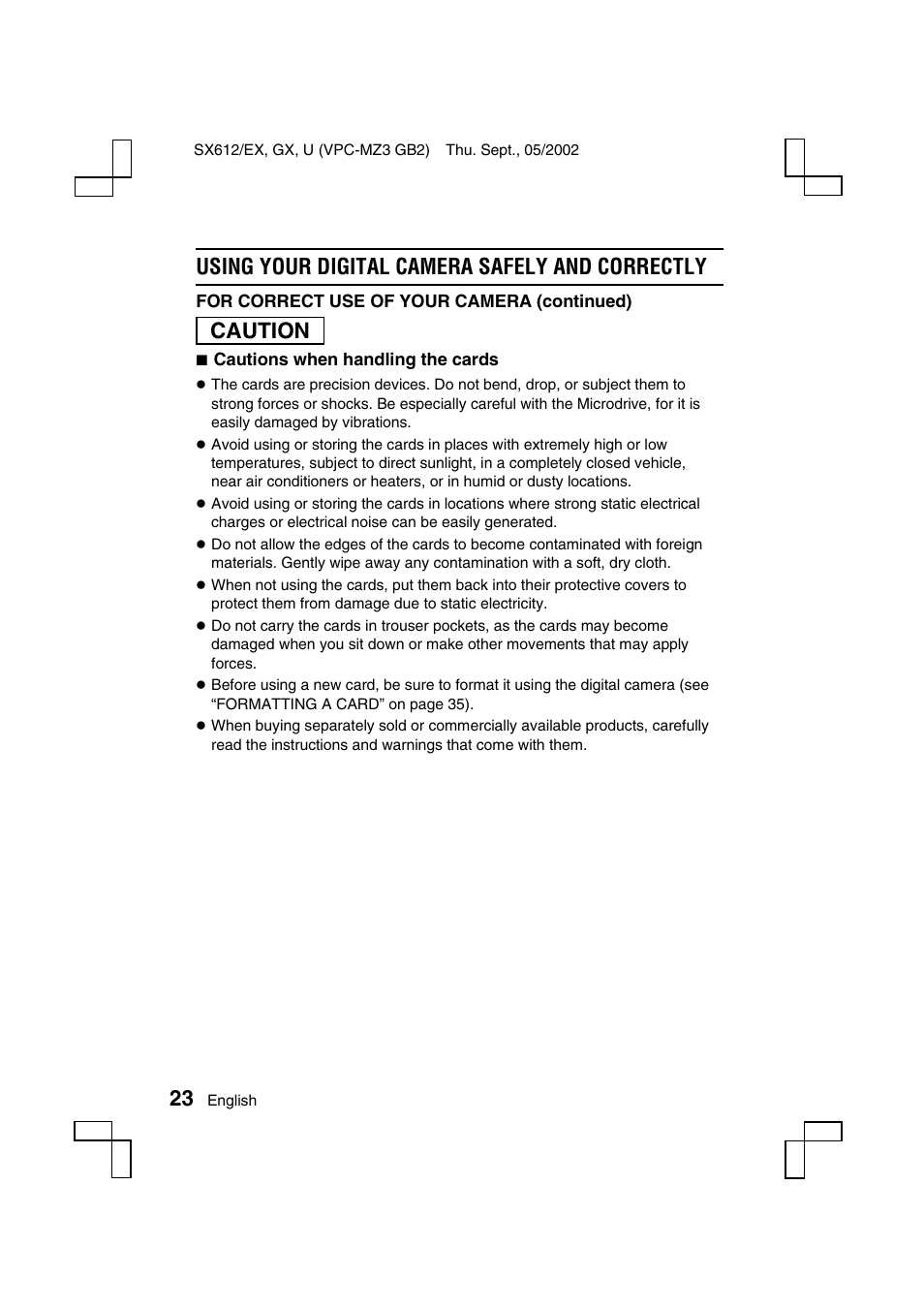 Using your digital camera safely and correctly, Caution | Sanyo VPC-MZ3EX User Manual | Page 26 / 218