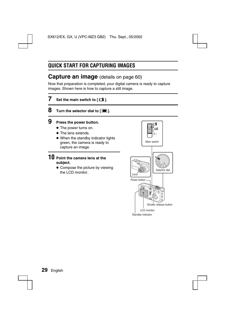 Capture an image, Quick start for capturing images, Details on page 60) | Sanyo VPC-MZ3EX User Manual | Page 32 / 218