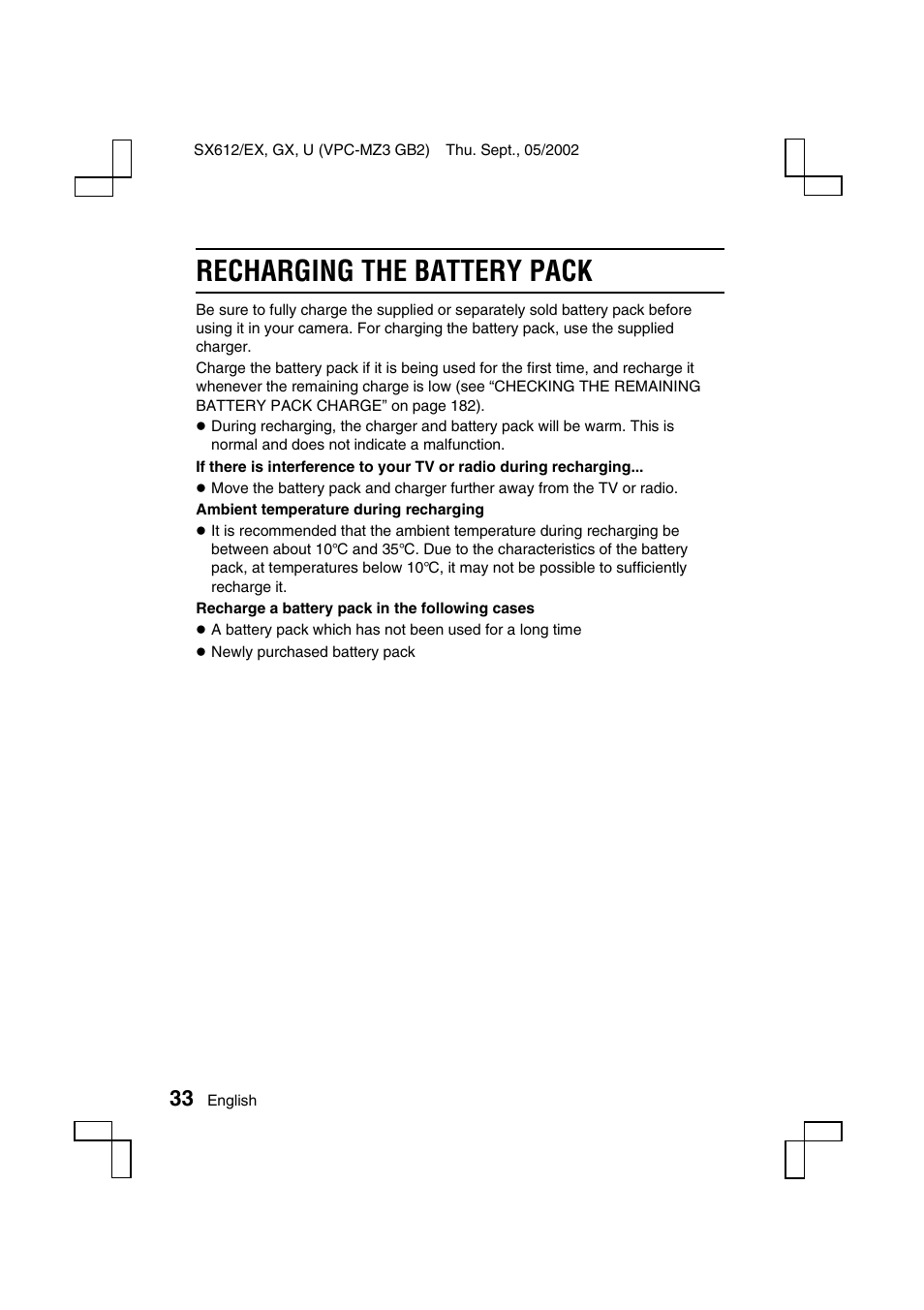 Recharging the battery pack | Sanyo VPC-MZ3EX User Manual | Page 36 / 218