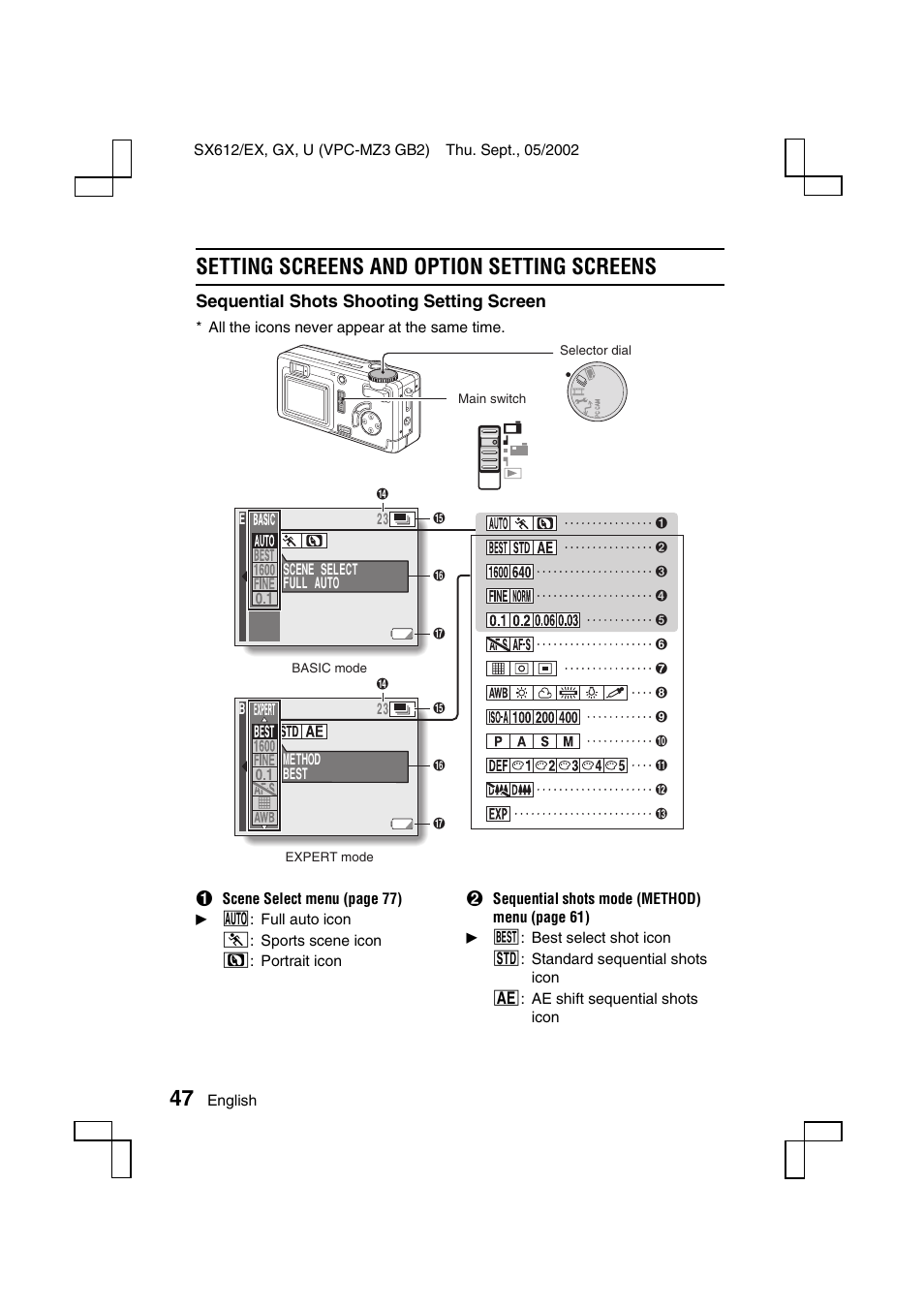 Setting screens and option setting screens, Sequential shots shooting setting screen | Sanyo VPC-MZ3EX User Manual | Page 50 / 218