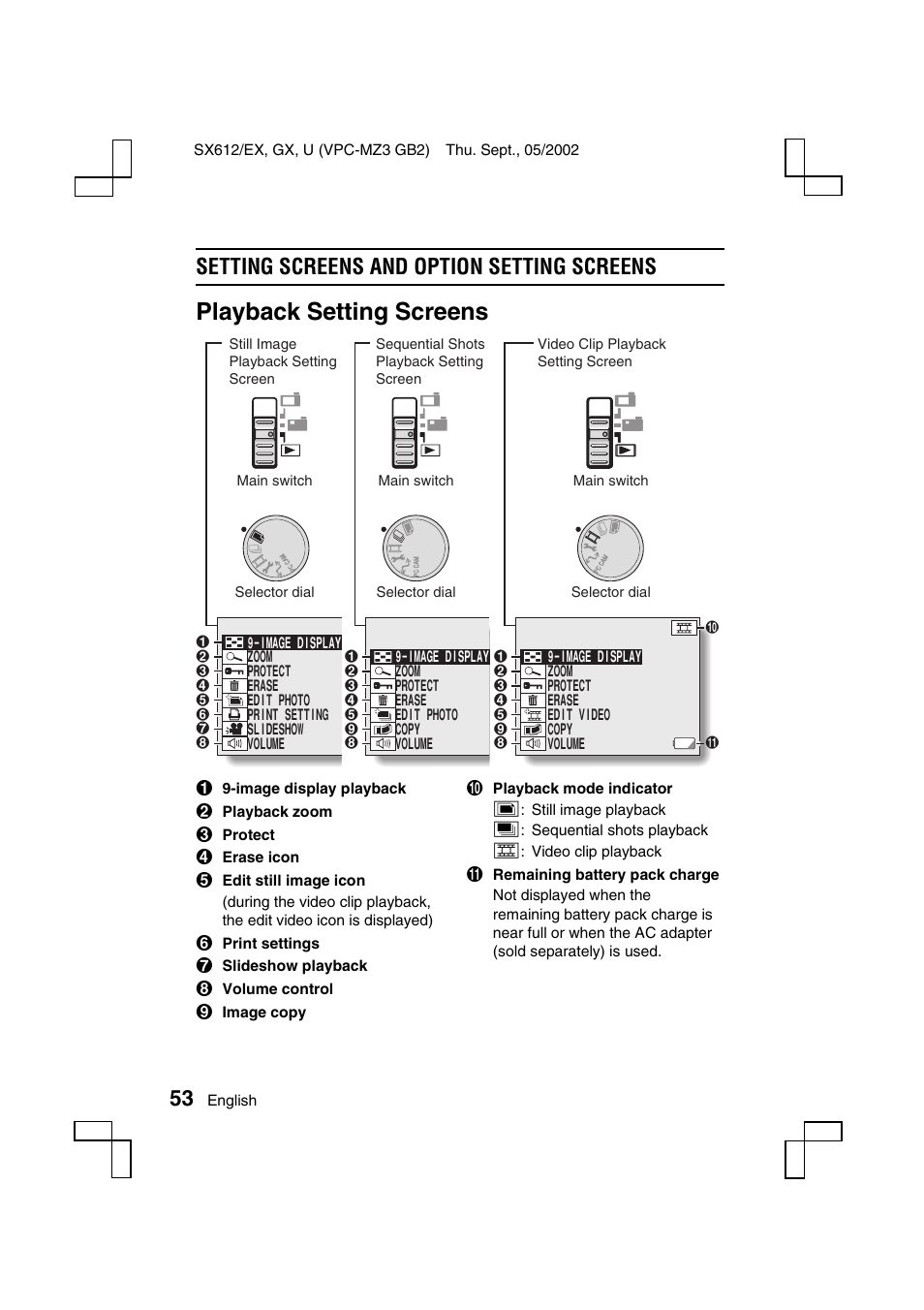 Playback setting screens, Setting screens and option setting screens | Sanyo VPC-MZ3EX User Manual | Page 56 / 218