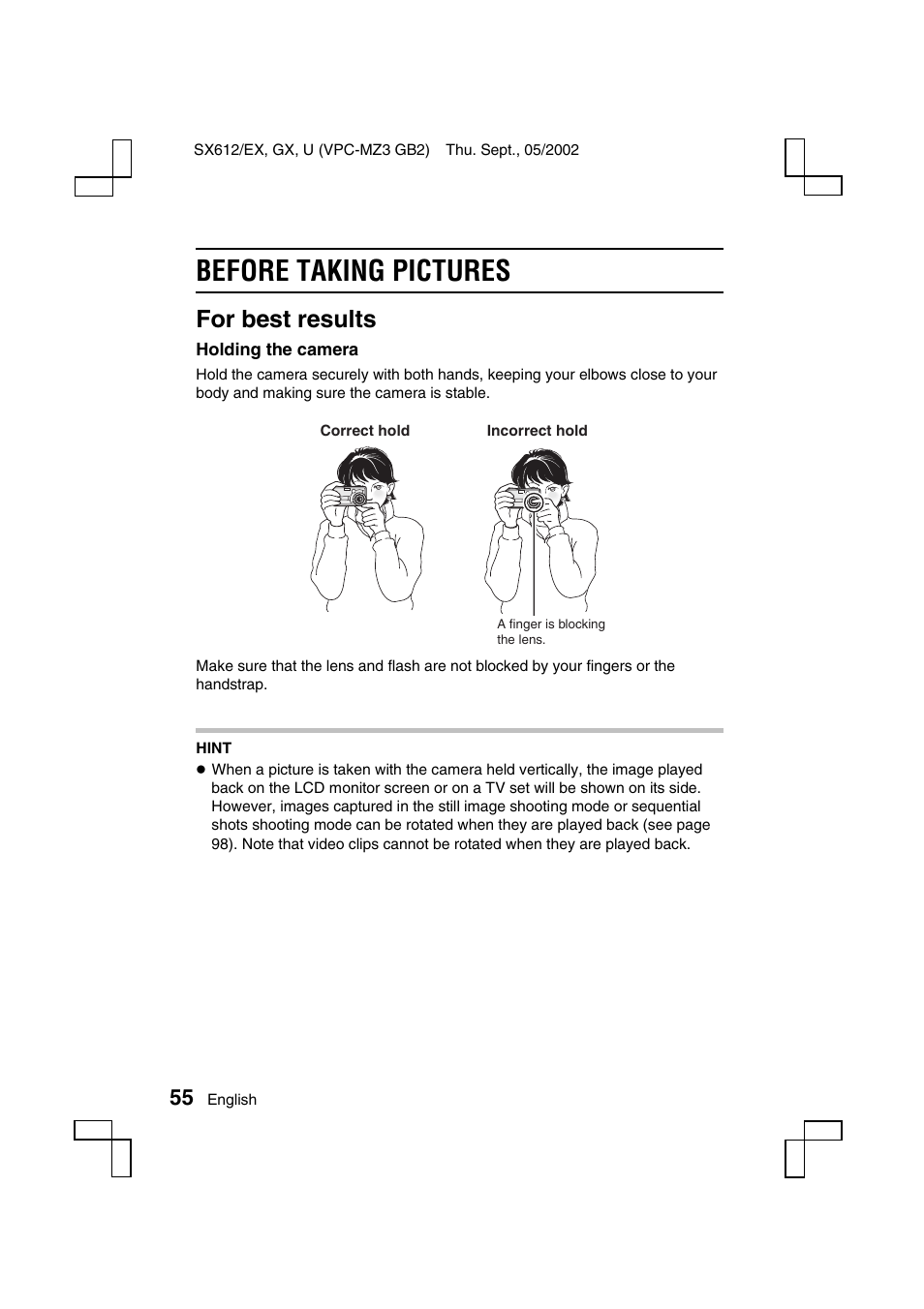 Before taking pictures, For best results | Sanyo VPC-MZ3EX User Manual | Page 58 / 218