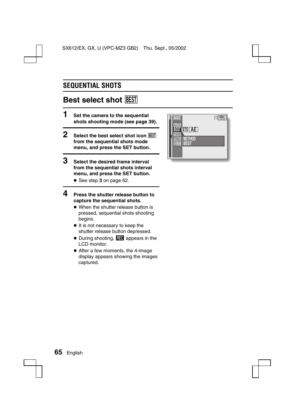 Best select shot ä, Sequential shots | Sanyo VPC-MZ3EX User Manual | Page 68 / 218