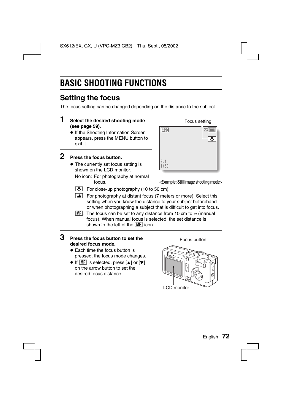 Basic shooting functions, Setting the focus | Sanyo VPC-MZ3EX User Manual | Page 75 / 218