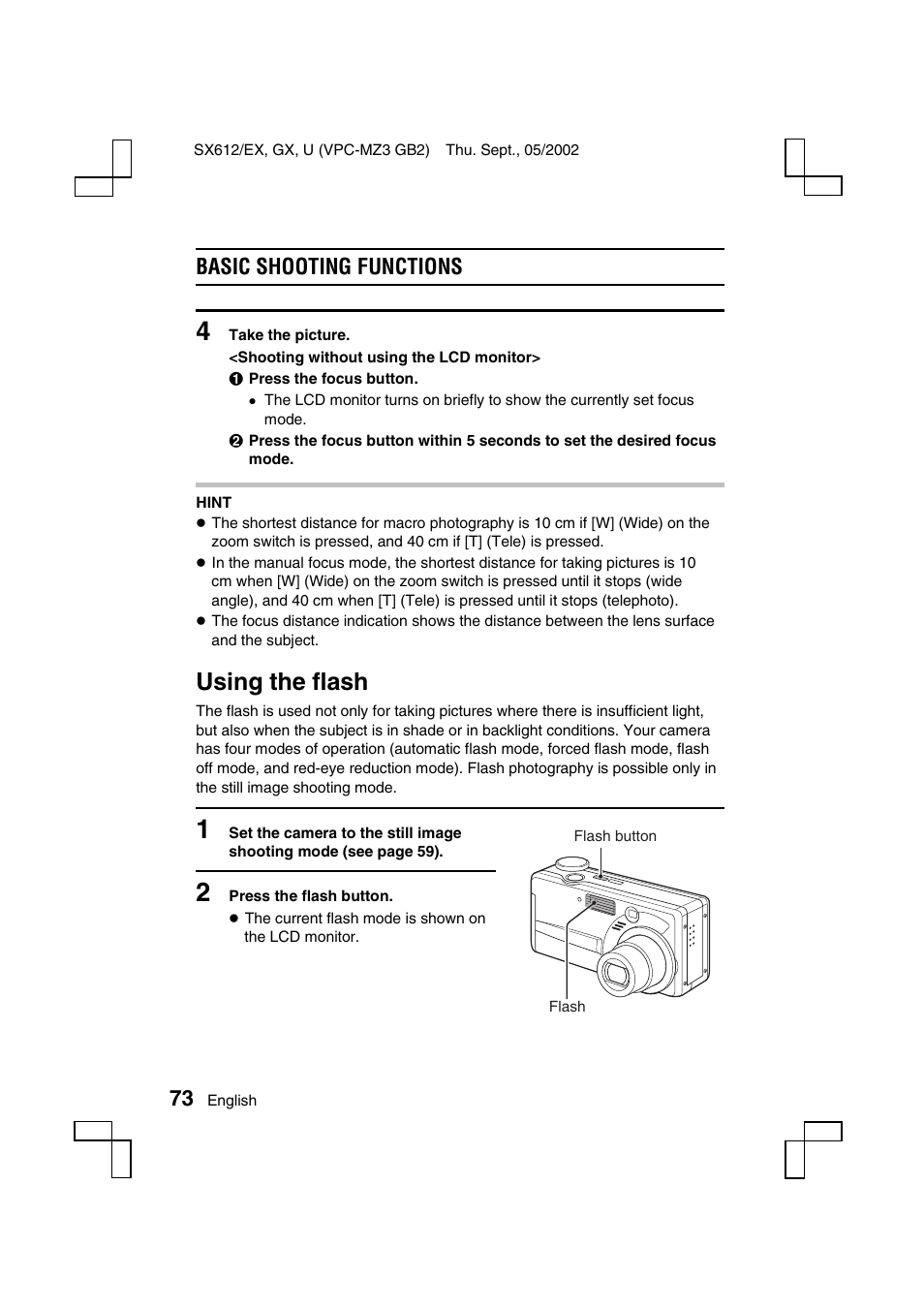 Using the flash, Basic shooting functions | Sanyo VPC-MZ3EX User Manual | Page 76 / 218