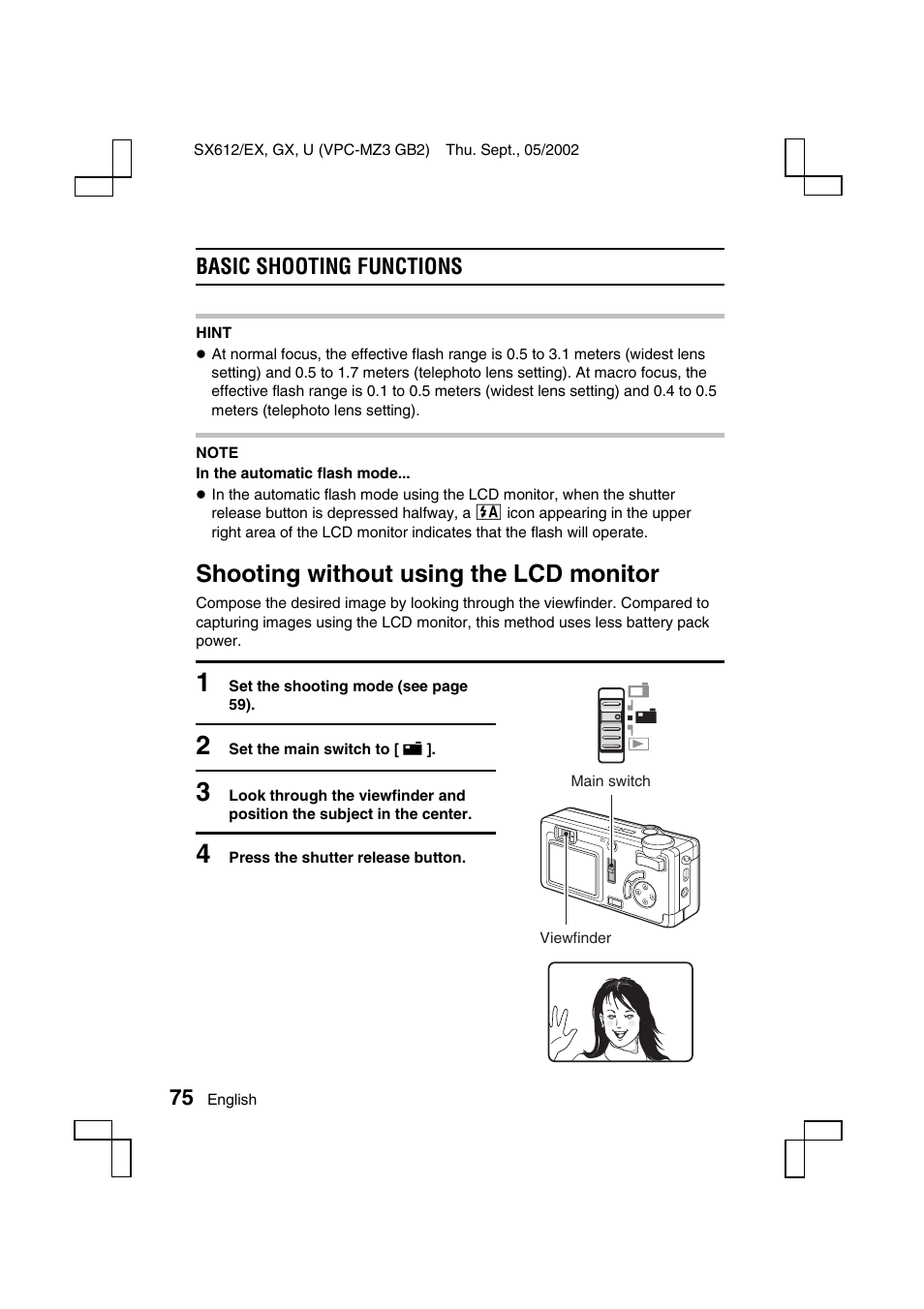 Shooting without using the lcd monitor, Basic shooting functions | Sanyo VPC-MZ3EX User Manual | Page 78 / 218