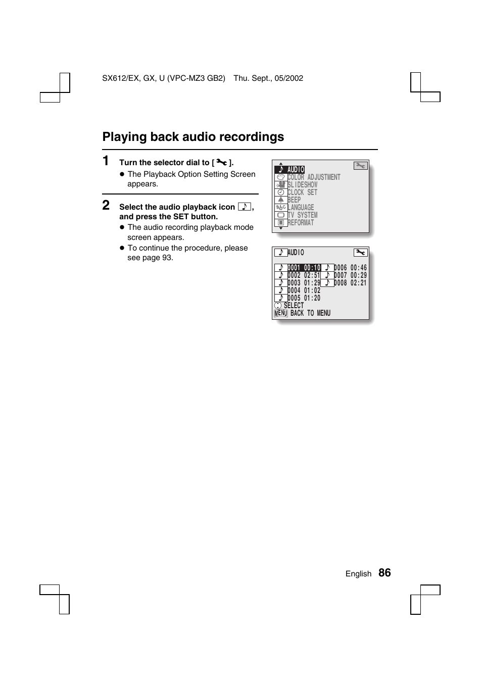 Playing back audio recordings | Sanyo VPC-MZ3EX User Manual | Page 89 / 218