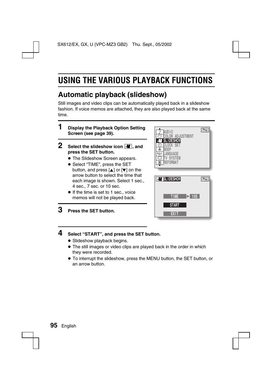 Using the various playback functions, Automatic playback (slideshow) | Sanyo VPC-MZ3EX User Manual | Page 98 / 218