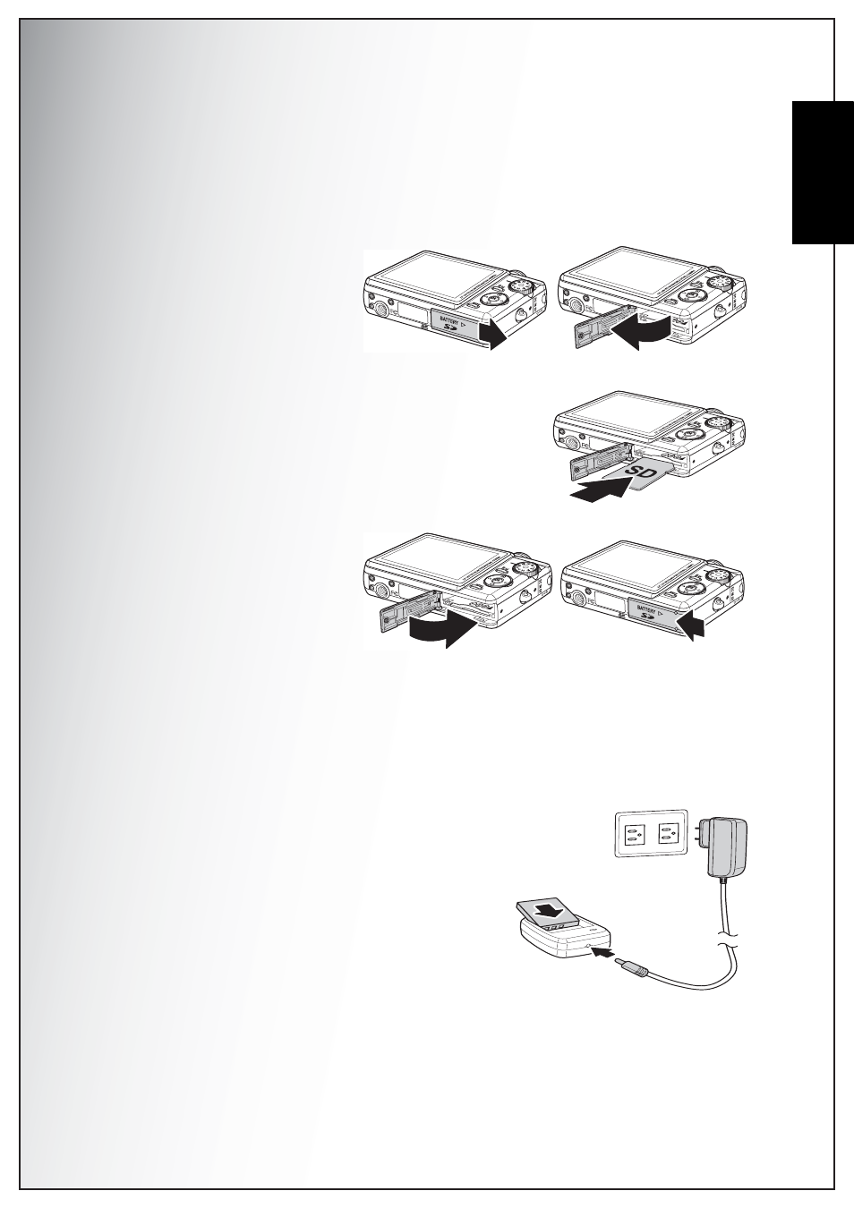 Inserting an sd/mmc memory card, Charging the battery, Turning on | English | Sanyo Xacti VPC-E870 User Manual | Page 27 / 62