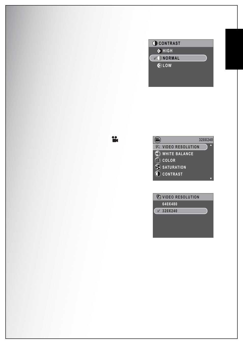 Contrast, Setup, Video capture menu | Video resolution, White balance, Color, Saturation, English | Sanyo Xacti VPC-E870 User Manual | Page 37 / 62