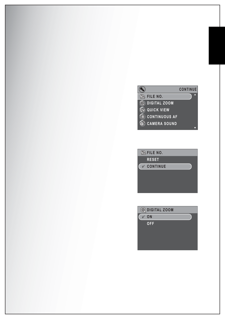 Camera settings, The setup menu, File number | Digital zoom, English | Sanyo Xacti VPC-E870 User Manual | Page 49 / 62