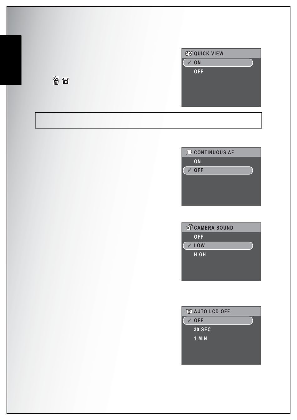 Quick view, Continuous af, Camera sound | Auto lcd off, English | Sanyo Xacti VPC-E870 User Manual | Page 50 / 62