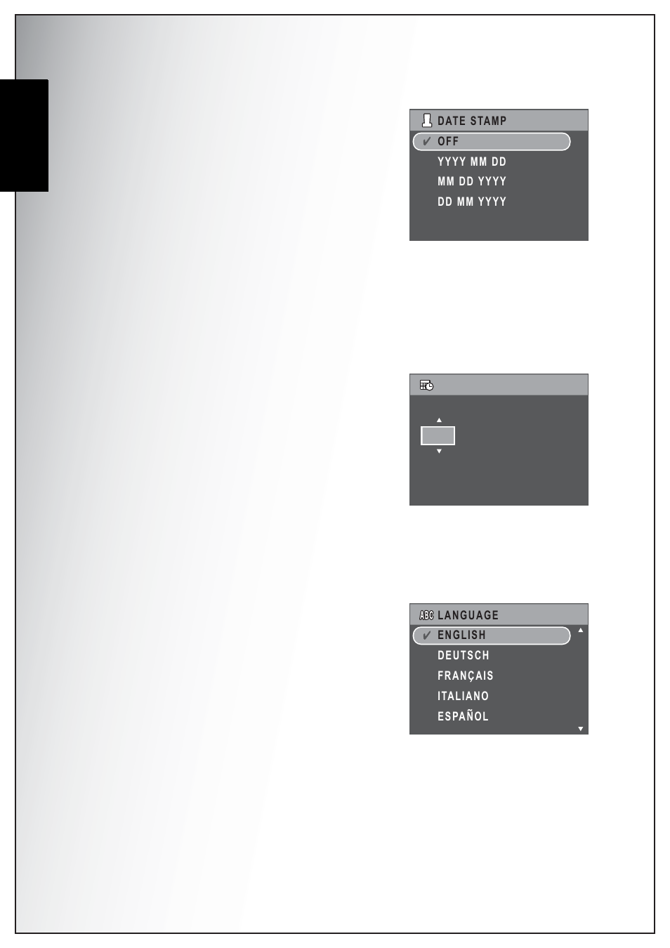 Date stamp, Date and time, Language | English | Sanyo Xacti VPC-E870 User Manual | Page 52 / 62