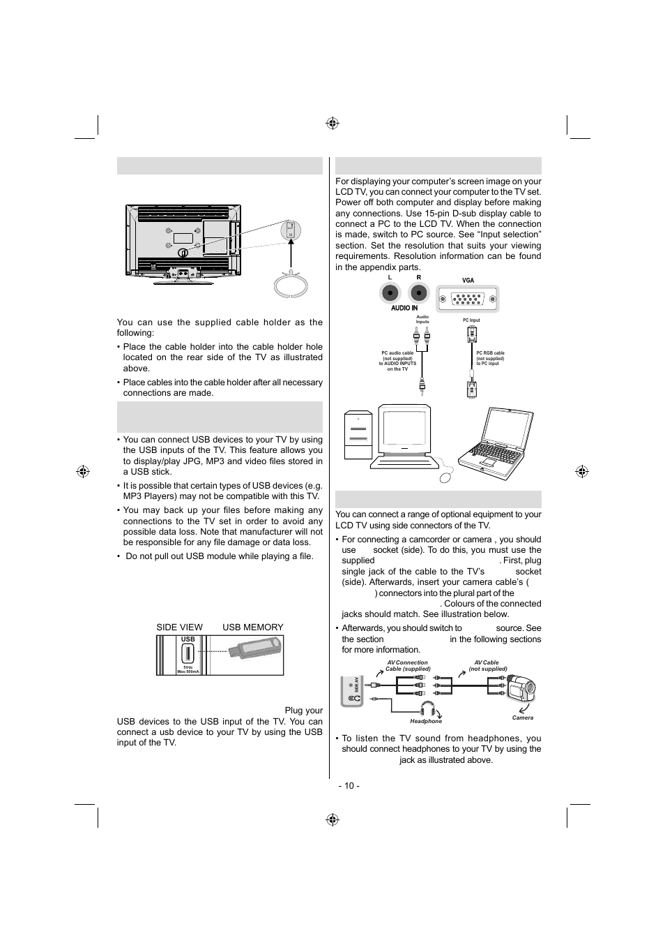 Connecting the lcd tv to a pc, Using the cable holder, Using digital multimedia connectors | Using side av connectors | Sanyo CE32LD17E-B User Manual | Page 11 / 34